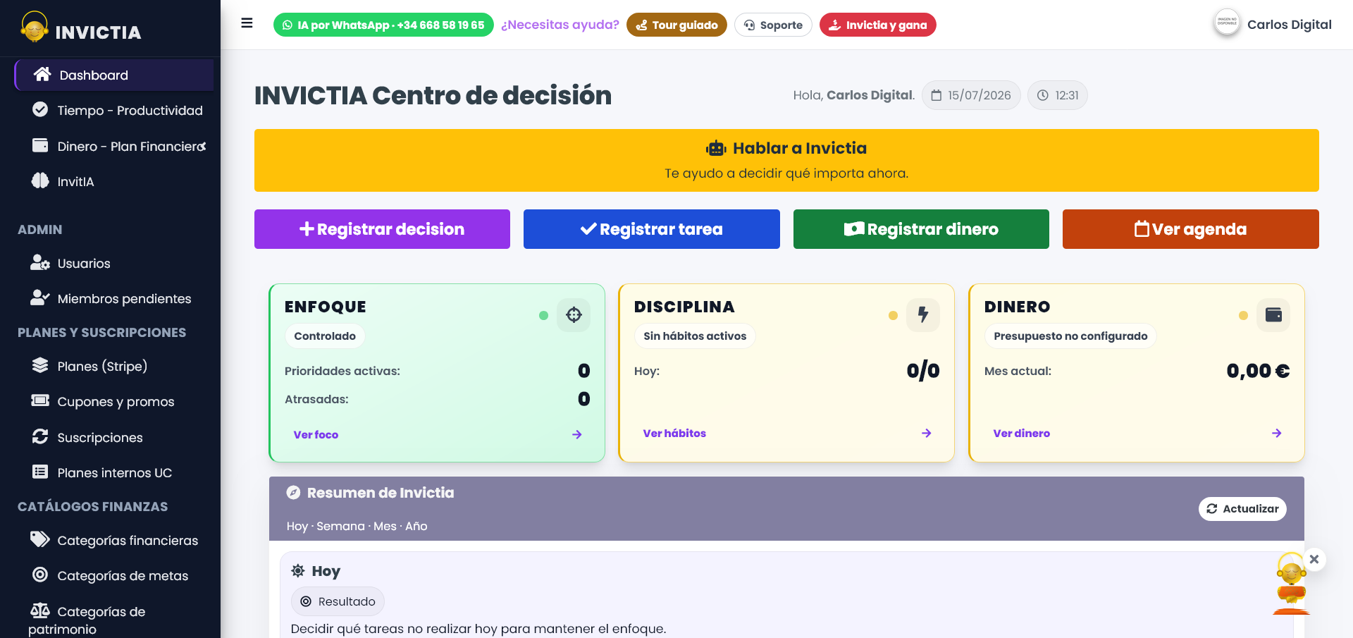 The Invictia product before the engagement: a new user landing on empty counters with no onboarding.
